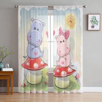 Cartoon Dieren Hippo Paddenstoel Transparante Gordijnen Voor Woonkamer Kinder Slaapkamer Tule Gordijnen Keuken Raambekleding Paneel Gordijnen 135W x 114H(cm) white