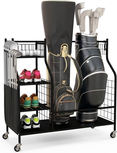 Golf opbergrek - Organizer voor 2 Golftassen, Clubs en Accessoires - Met Wielen