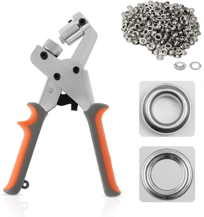 Oogjes tang + Oogjesset (inclusief 300 10mm ogen) - Zeildoek ogen tang - Handmatige perforator en ogen perforator - Stevige en duurzame ogen tang - Geschikt voor canvas, zeilen - Oranje-grijs
