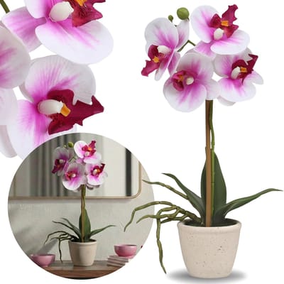 Kunstmatige orchidee, wit-roze orchidee in pot, levensecht, decoratieve bloem PREMIUM 30 cm