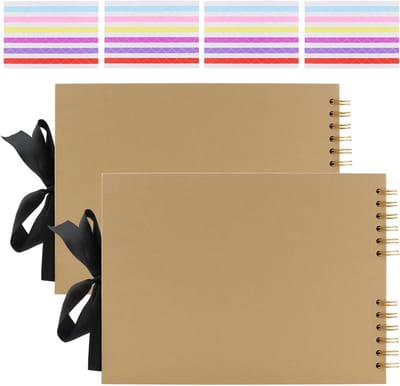 2 Stuks A4 Spiral Scrapbook, 80 Pagina's, DIY Fotoalbum met Ribben en Hoekstickers, Bruin Hardcover, Zwart Papier, Perfect voor Herinneringen en Creatieve Projecten, 29 x 21,5 cm