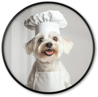 Poster in lijst Rond - Fotolijst 60x60 cm - Posters - Hond - Wit - Kok - Ronde posterlijst zwart - Decoratie - Wanddecoratie woonkamer - Muurdecoratie slaapkamer