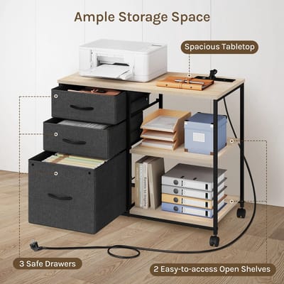 Mobiele Print Standaard - Met Stoffen Lades & Oplaadpunt - Print Tafel - Print Kastje - Organizer - Printer - Printers - Kast - Kastje - Kasten - Tafeltje - Tafel - Tafels - Opbergkast - Opbergkastje - Kantoor - Organizers - Archiefkast