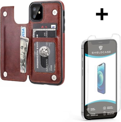 ShieldCase Wallet case geschikt voor Apple iPhone 12 / 12 Pro - 6.1 inch - ruimte voor pasjes - pasjeshouder - portemonnee - bruin + glazen Screen Protector