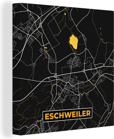 Canvas Schilderij Black and Gold – Stadskaart – Eschweiler – Duitsland – Plattegrond – Kaart - 20x20 cm - Wanddecoratie