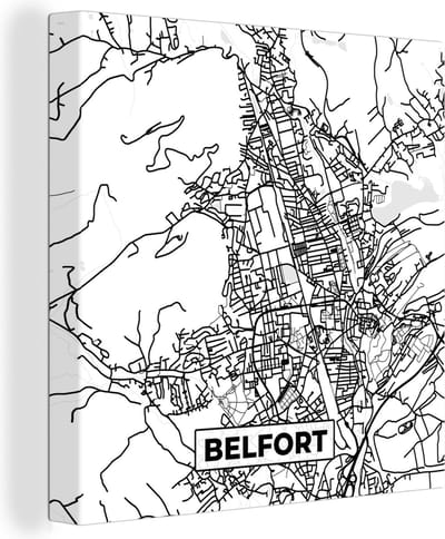 Canvas Schilderij Kaart - Frankrijk - Stadskaart - Plattegrond - Belfort - Zwart wit - 20x20 cm - Wanddecoratie