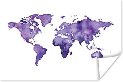 Poster 30x20 cm - Wereldkaart - Aquarel - Paars - Posters - Kamer decoratie - Wanddecoratie woonkamer - Muurdecoratie slaapkamer
