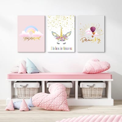 Set van 3 Aquarel Muurdecoratie Prints met Eenhoorn en Regenboog voor Kinderkamer Meisjes