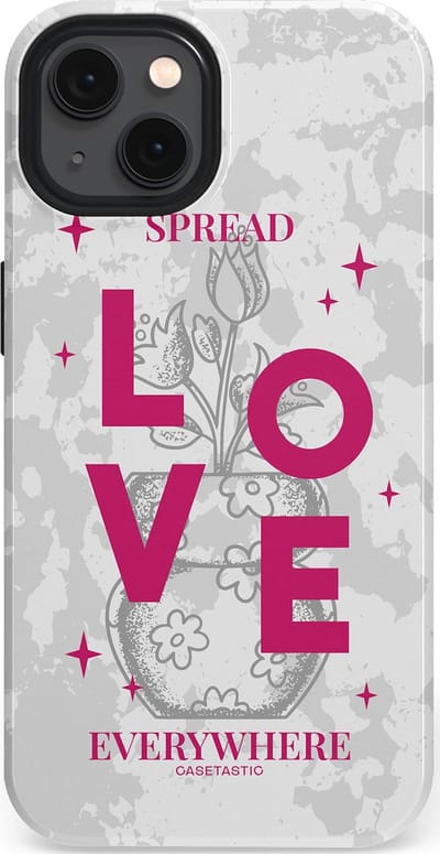 Casetastic hoesje geschikt voor Apple iPhone 13 - MagSafe - Dubbellaagse bescherming - Spread Love Everywhere - Grijs Roze - Valentijn - Valentine - Fashion Case - Lichtgrijs Wit Roze