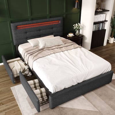 MODENUIT Gestoffeerd bed 90x200 cm – Hoofdbord met ledverlichting – Verstelbaar hoofdbord en 2 lades – Zonder matras – Grijs