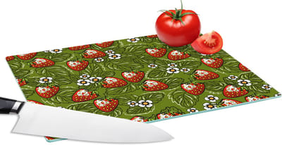 Glazen Snijplank - 28x20 - Bloemen - Aardbei - Bladeren - Vegan - Patronen - Snijplanken Glas