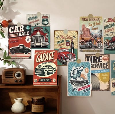 Vintage Garage & Auto Kaarten – Retro Illustratiekaarten – Set van Diverse Designs – 15 x 10 cm – Decoratief & Verzamelbaar