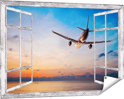 Gards Tuinposter Doorkijk Vliegtuig Boven de Zee bij Zonsondergang - 120x80 cm - Tuindoek - Tuindecoratie - Wanddecoratie buiten - Tuinschilderij
