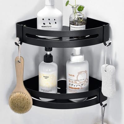 BukkitBow - Set van 2 Doucherekjes Hoek RVS - Hangend Douche Rek Zonder Boren - Zwart Aluminium Badkamer Accessoires
