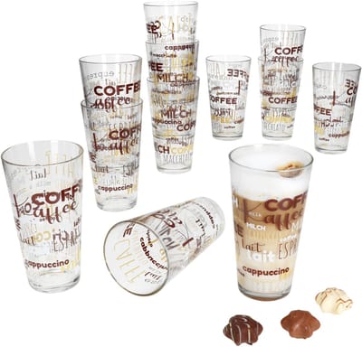 Set van 12 CANDY latte macchiato glazen met opschriftdecoratie 380ml