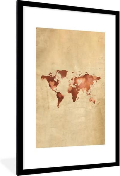 Poster in lijst - Fotolijst 80x120 cm - Posters - Wereldkaart - Hart - Papyrus - Posterlijst zwart - Decoratie - Wanddecoratie woonkamer - Muurdecoratie slaapkamer