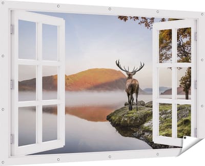 Gards Tuinposter Doorkijk Hert bij een Meer - 180x120 cm - Tuindoek - Tuindecoratie - Wanddecoratie buiten - Tuinschilderij