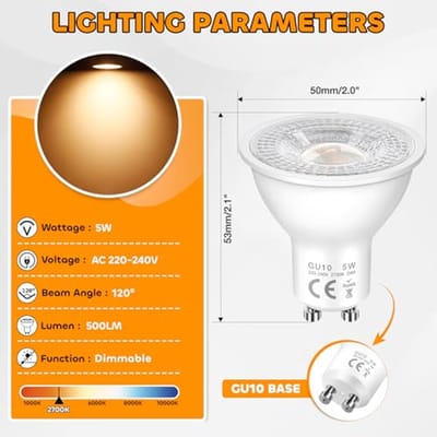 Set van 6 Dimbare GU10 LED-lampen 5W - Vervangt 50W Halogeen - Warm Wit 2700K - 500 Lumen