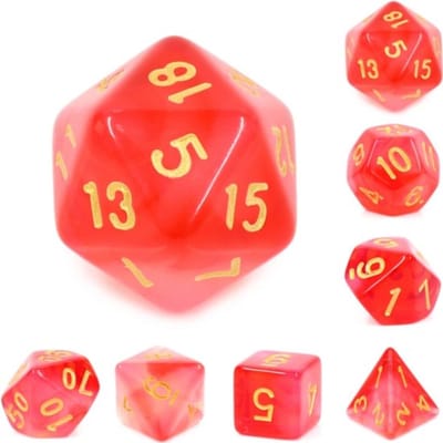 Polyset Dice | Polydice | Rood Wit Glitters Transparant en Goud | Dobbelstenen Set Van 7 Stuks| Voor D&D en Andere Rollenspellen | Plastic Dobbelstenen Set voor Dungeons and Dragons | Polyhedral Dice Set | DnD / D&D / Dungeons and Dragons | Dice Bag