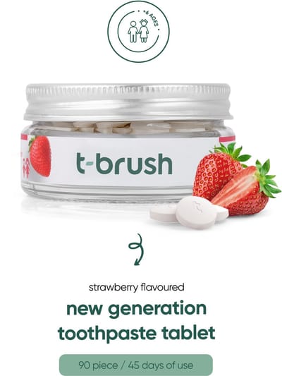 t-brush | Aardbeiensmaak Tandpasta Tabletten - Met Fluoride - 90 Tabletten - Geschikt voor Gevoelige Tanden - Vegan – Zero Waste – Gluten Free
