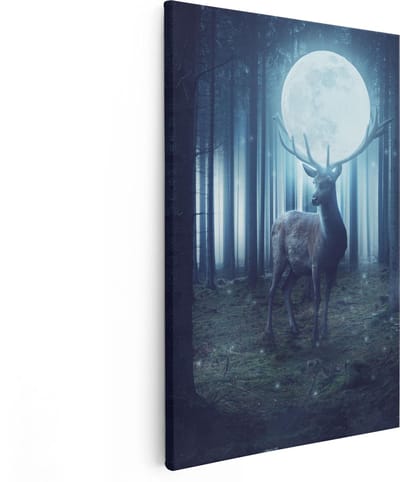Artaza Canvas Schilderij Hertenkop Met Gewei - 20x30 cm - Klein - Wanddecoratie Bos - Muurdecoratie Nacht - Kamer Accessoires Mystiek