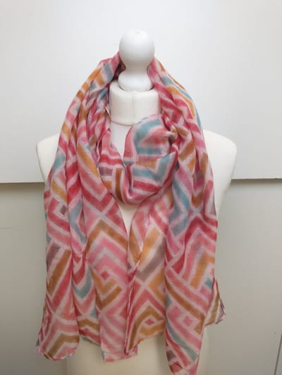 Lange dames sjaal Ineke-fantasiemotief-roze grijs geel licht roze bruin aqua blauw
