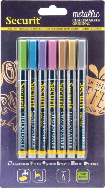 7x Metallic gekleurde vloeibare krijtstiften - ronde punt - 1-2 mm - hobby artikelen - kantoor benodigheden