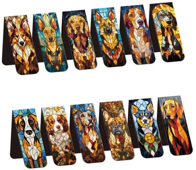 Viwado® - Set van 12 Magnetische Boekenleggers - Hondenthema Ontwerpen met Glas-in-lood Effect - Duurzame Paginamarkeringen voor Studenten & Leraren