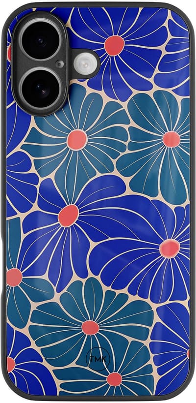 Hoesje geschikt voor Apple iPhone 16 - Indigo bloemen - Blauw - TPU luxe case (glossy toplaag) - Bloemen - Hardcase backcover zwart