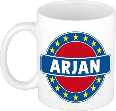 Bellatio Decorations - Arjan voornaam - koffiemok - beker - wit/blauw - 300 ml - Cadeau - Heren - Collega - Vaderdag - Verjaardag