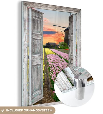 MuchoWow® Glasschilderij 30x40 cm - Schilderij acrylglas - Doorkijk - Tulpen - Molen - Avond - Foto op glas - Schilderijen