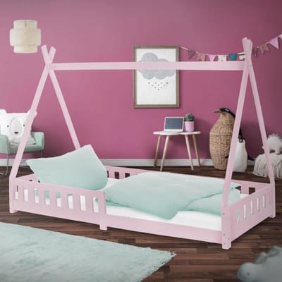 Kinderbed Tipi 90x200 cm Roze met uitvalbeveiliging en lattenbodem - Houten kinderhuisbed voor meisjes