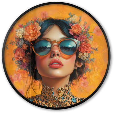 Poster in lijst Rond - Fotolijst 60x60 cm - Posters - Vrouw - Bloemen - Aesthetic - Oranje - Ronde posterlijst zwart - Decoratie - Wanddecoratie woonkamer - Muurdecoratie slaapkamer