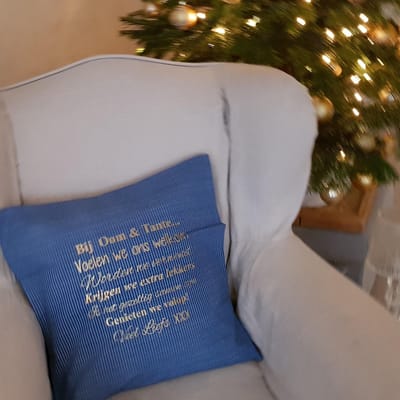 Kussen Kussenhoes tekst cadeau Regels voor Bij oom en tante | blauw met goud 50x50 | cadeau  broer zus