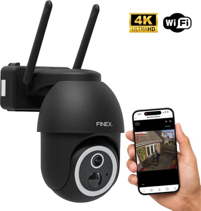 Finex Beveiligingscamera Vision – 4K Ultra HD – Geen abonnement - Op Batterij – Buiten Camera Met Nachtzicht – Buitencamera – Bewakingscamera voor Buiten – Beveiligingscamera Met WiFi en App – Black Edition