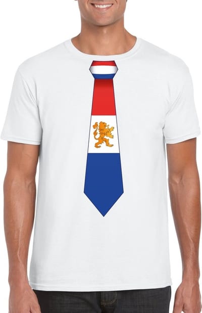 Wit t-shirt met Hollandse vlag stropdas heren - Nederland supporter S