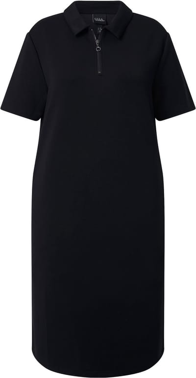 Ulla Popken - Dames - Sweatjurk polokraag rits korte mouwen modalmix - Zwart - Maat 42+