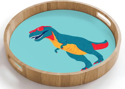 Dienblad rond 40x40 cm - Schootdienblad hout - Dinosaurus - Blauw - Zonnebril - Borrelplank rechthoek - Plateau houten dienbladen