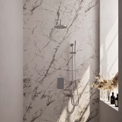 Brauer Chrome Carving thermostatische inbouw regendouche 3-weg omstelling SET 39 met 20 cm douchekop en gebogen muurarm en staaf handdouche en doucheslang en geïntegreerde glijstang chroom