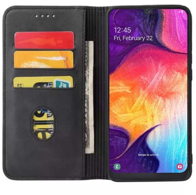 Smartphonica Samsung Galaxy A50 kunstleren hoesje met magnetische sluiting en pashouders book case - zwart geschikt voor Samsung Galaxy A50