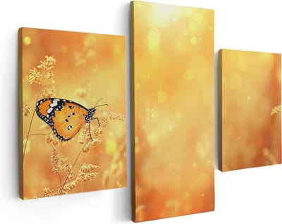 Artaza Canvas Schilderij Drieluik Oranje Vlinder In Het Oranje Veld - 90x60 - Foto Op Canvas - Canvas Print