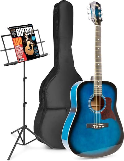 Akoestische gitaar voor beginners - MAX SoloJam Western gitaar 4/4 - Incl. muziekstandaard, gitaar stemapparaat, gitaartas en 2x plectrum - Blauw