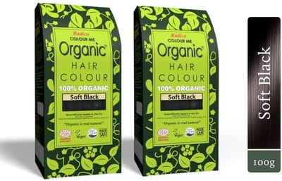 2 x Radico COLOUR ME ORGANIC Soft Black / Zwart 100% Natuurlijke BIO ORGANIC 9-Kruiden Henna Haarverf Zonder Ammoniak PPD PTD met ECOCERT, HALAL, VEGAN Set 2 200g