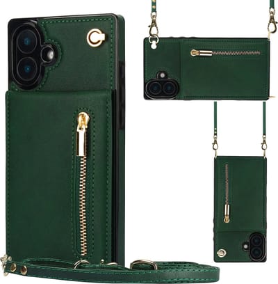Multimedia & Accessoires Stijlvolle Leren Fashion Backcover Case Hoesje met Koord, Stand Ritsvak en Pasjeshouders geschikt voor Apple iPhone 16 - Groen