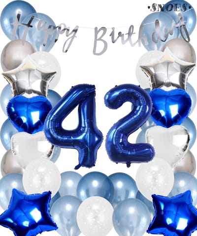 Snoes Ballonnen 42 Jaar Set Mega Blauw Zilver Ballon - Compleet Feestpakket Cijferballon 42 Jaar - Verjaardag Versiering Slinger Happy Birthday – Folieballon – Latex Ballonnen - Helium Ballonnen