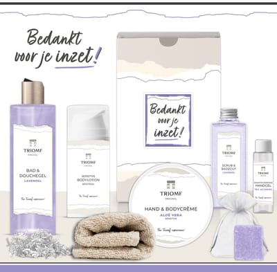 Geschenkset “Bedankt voor je inzet!” - 7 producten - 850 gram | Triomf Original - Giftset voor haar Luxe wellness Cadeaupakketje Vrouw Lavendel Speciaal Geschenk Collega Medewerker Kerst Kerstpakketje Zorg Zorgwerk Hulp Vrijwilliger Gift Set Paars