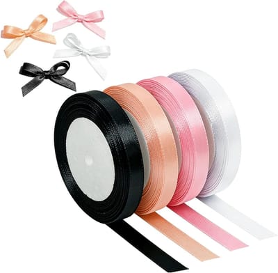 Set van 4 satijnen linten, 10 mm x 22 m, perfect voor geschenkverpakkingen, decoraties en bruiloften, in roze, wit, champagne en zwart