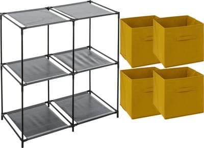 5Five Kastmandjes/opberg manden - mosterdgeel - 4x stuks van 29L - Metalen rekje is 68 x 68 cm
