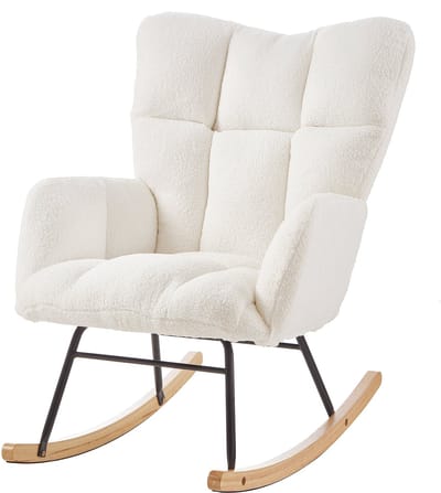 Merax Moderne Schommelstoel Wit - Zachte Relaxfauteuil met Houten Onderstel en Metalen Frame - Scandinavisch Design - Voor Woonkamer Slaapkamer Kinderkamer en Balkon