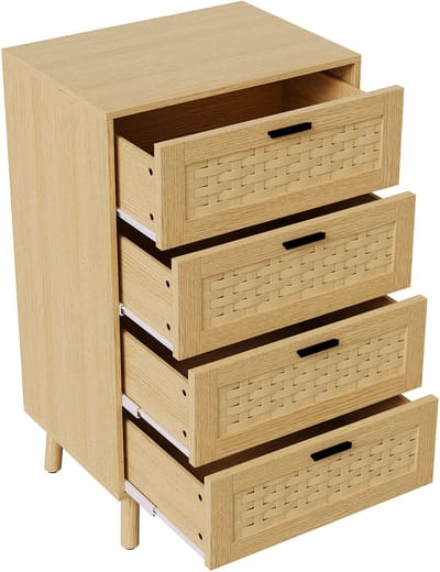 Massief houten commode met 4 laden in eikenhouten afwerking en decoratieve bamboe fronten voor de slaapkamer, naturel